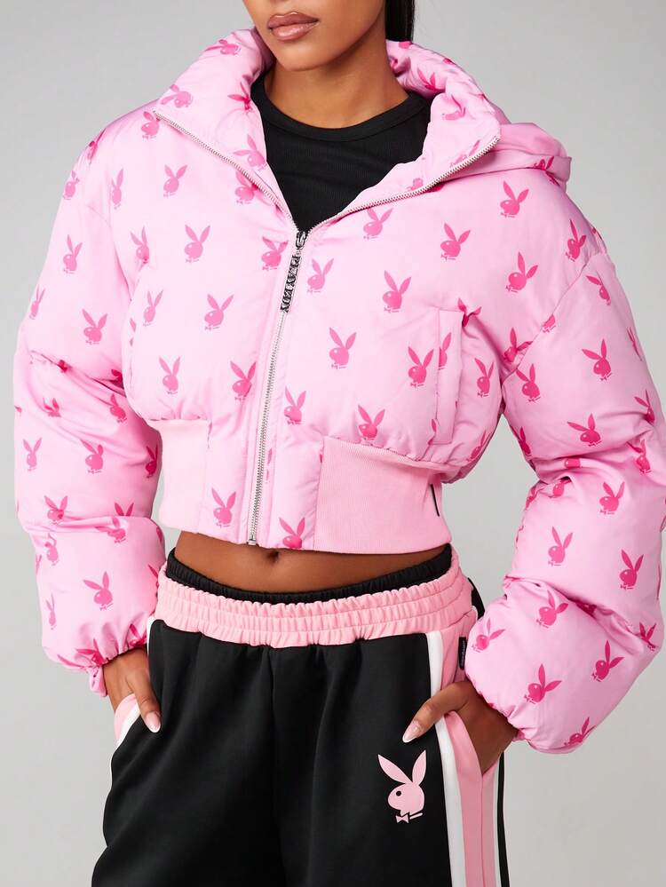 Missguided x Playboy Oversized Daunenparka mit Hasen-Muster und geraffter Taille als Wintermantel für Frauen