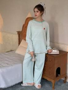 DAZY Ropa de estar en casa informal con cuello redondo y mangas largas a rayas para adolescentes - Verde - Ver 4