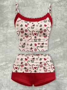 Y2Kool Amafemora 裸色与红色撞色圣诞星、爱心、纸杯蛋糕、拐杖糖、饼干印花Y2K街头风两件套蕾丝拼接套装，适合秋冬季、居家聚会、节日、圣诞节、日常穿着。可爱两件套，樱桃图案女装，可爱套装，女士可爱两件套。 - 彩色 - 查看 9