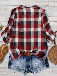 SHEIN Multi-Color Plaid V-Neck Long Sleeve Shirt, Versatile Commuter & Streetwear, Plus Size, Spring/Autumn - Multicolor - View 2