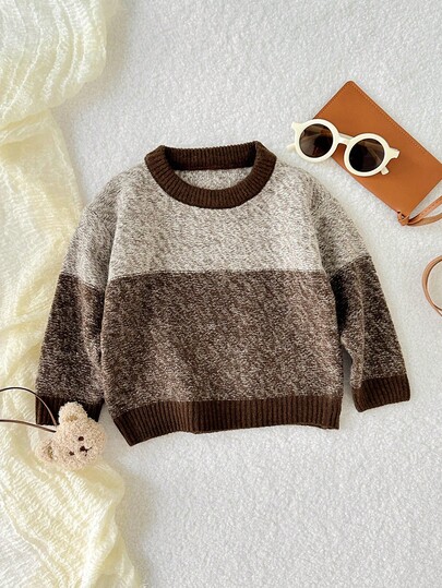 Infant & Toddler Boys' Knitted Sweater, Fashionable Textured Yarn Crew Neck Pullover Sweater, Long Sleeve Top For Outings, Sports, Travel In Winter Brown Baby Clothes Baby Knitwear Baby Sweater Fall Sweater For Baby Boy