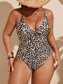 SHEIN Swim Vcay Đồ bơi một mảnh họa tiết da báo gợi cảm cổ chữ V thiết kế khoét lỗ có thể điều chỉnh cỡ lớn dành cho nữ, đi nghỉ thường ngày - Nhiều màu - Xem 3