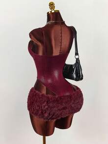 Y2K Amplova Luxury Evening Dresses For Women's Faux Crocodile Texture Camisole Jumpsuit And Fluffy Mini Skirt Sexy Fashion 2 Pieces Set ,Autumn/Winter Thanksgiving And New Year,Party Dresses For Women - Burgundy - View 7