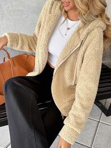 Chiquease 2025 Autumn & Winter New Arrival Women's Fleece Coat - Thickened Warm Hooded Design (With Adjustable Drawstring + Smooth Zipper Closure), Skin-Friendly Fleece Texture That Doesn't Shed, Versatile Outerwear For Office/Daily/Casual Occasions - Apricot - View 4