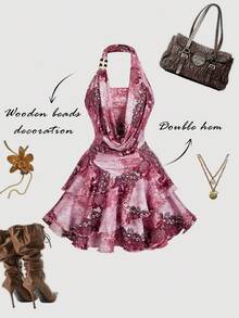 SHEIN MOD 复古 70 年代不对称迷你连衣裙，粉色拼布印花，荷叶边细节，露背领口，串珠装饰，分层蛋糕下摆和围脖领口 - 灵感来自 Y2K，非常适合海岛度假、派对、约会、生日庆祝、下午茶和节日！ - 彩色 - 查看 1