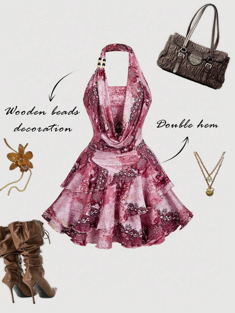 SHEIN MOD 复古 70 年代不对称迷你连衣裙，粉色拼布印花，荷叶边细节，露背领口，串珠装饰，分层蛋糕下摆和围脖领口 - 灵感来自 Y2K，非常适合海岛度假、派对、约会、生日庆祝、下午茶和节日！ - 彩色 - 查看 1