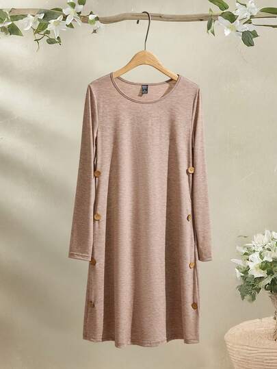 EMERY ROSE 女式纯色圆领长袖纽扣设计休闲口袋短款连衣裙，秋季