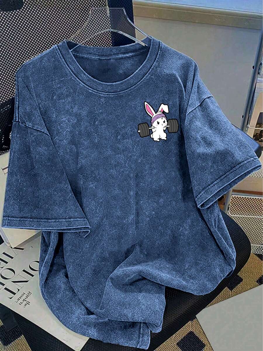 Claim Dot 男士简约印花圆领短袖水洗棉质T恤 - 藍色 - 查看 1