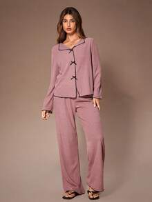 SHEIN 女士罗纹磨毛V领蝴蝶结长袖长裤睡衣套装，秋冬曲线睡衣套装，女士长袖睡衣两件套，舒适睡衣套装，长袖家居服套装，秋季服装 - 藕粉色 - 查看 7