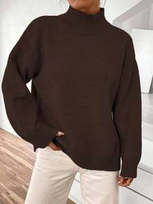 Chiquease Áo len cổ đứng xẻ tà màu trơn thường ngày cho nữ, Thu/Đông - Cà phê nâu - Xem 4
