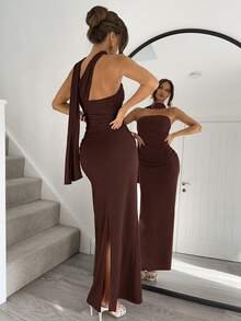 Siren Gaze 女士时尚派对纯色腰带连衣裙 - 咖啡棕 - 查看 3