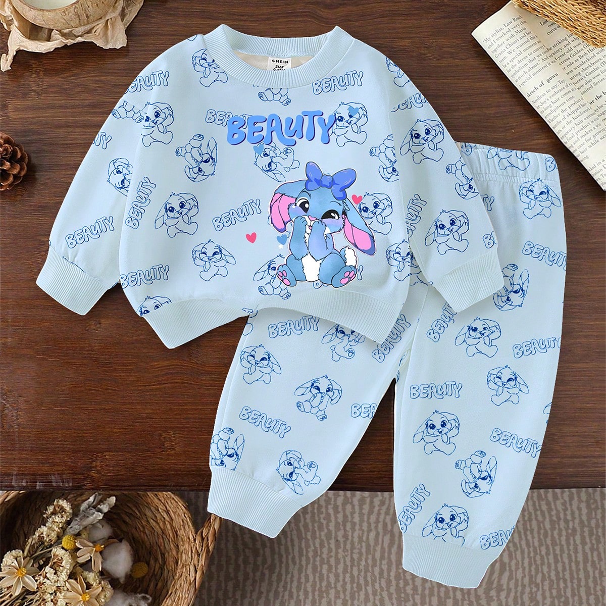 Set de 2 piezas de sudadera y pantalones a juego con estampado de conejo de dibujos animados lindo para niñas jóvenes, azul océano, conjunto casual