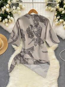 Women's Elegant V-Neck Tie Leopard Print Loose Blouse For Daily Wear - Multicolor - View 2