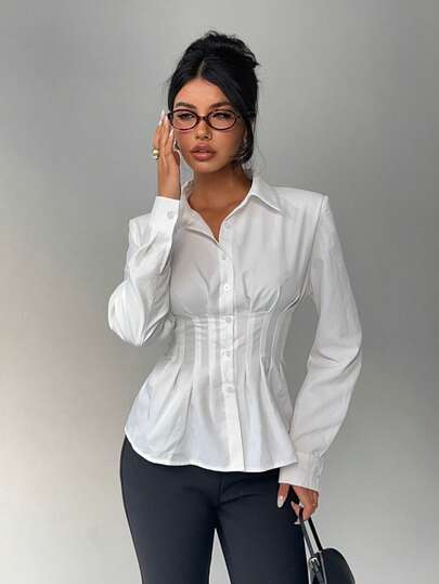 Aloruh Women's Elegant White Long Sleeve Single-Breasted Blouses,Autumn Office Casual Shirt With Pleated Waist And Back Tie,Slim Fit Chic Commuting Tops