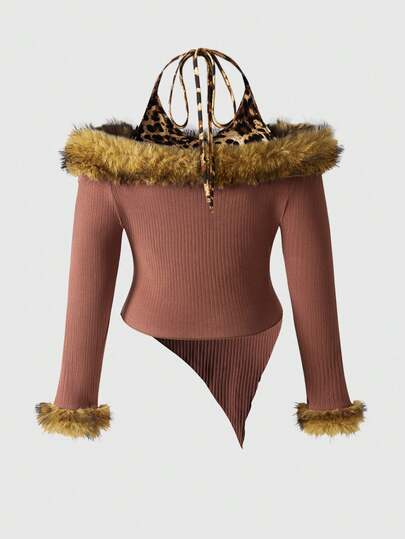 Grunge Punk Suéter de punto con estampado de leopardo de parche esponjoso de talla grande estilo Gyaru Harajuku vintage Y2K, Parte superior asimétrica de hombros descubiertos con estampado de leopardo esponjoso de estilo Grunge-Punk Y2K de talla grande, Parte superior de suéter de punto esponjoso con estampado de leopardo de parche de talla grande para otoño/invierno, Parte superior de suéter esponjoso con estampado de leopardo de parche de talla grande para otoño/invierno