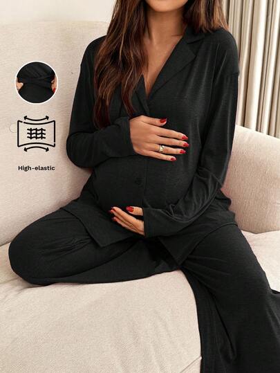 SHEIN 2pcs Maternity Solid Color Lapel NeckLong Sleeve Single-Breasted Top And Pants Set Loungewear Women Sleep Wear Women Maternity Sets 2 Piece Lounge Sets Woman Maternity Clothes Two Piece Suits