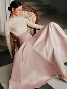 Anewsta Women's Autumn/Winter New Mesh Long Sleeve Pearl Rhinestone Sexy Base Layer Top, Elegant T-Shirt - Apricot - View 5