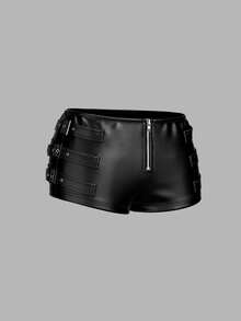 SHEIN PETITE Quần short ngắn siêu ngắn trang trí họa tiết PU bó sát cạp thấp Y2k cho lễ hội Rave - màu đen - Xem 3