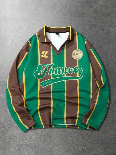 Men's Letter Striped Polo Collar Casual Loose Long Sleeve T-Shirt