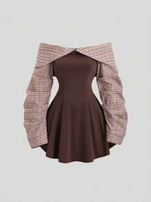 Sweetra Women's Autumn/Winter Collegiate Style Minimalist Sexy Off Shoulder High-End Contrast Color Design Waist-Cinching Short Mini Brown Dress