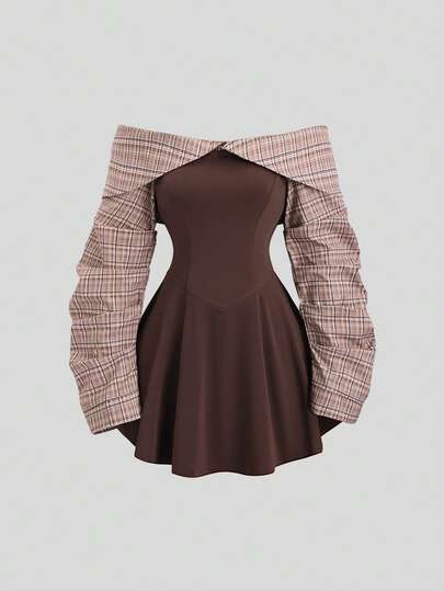 Sweetra Women's Autumn/Winter Collegiate Style Minimalist Sexy Off Shoulder High-End Contrast Color Design Waist-Cinching Short Mini Brown Dress