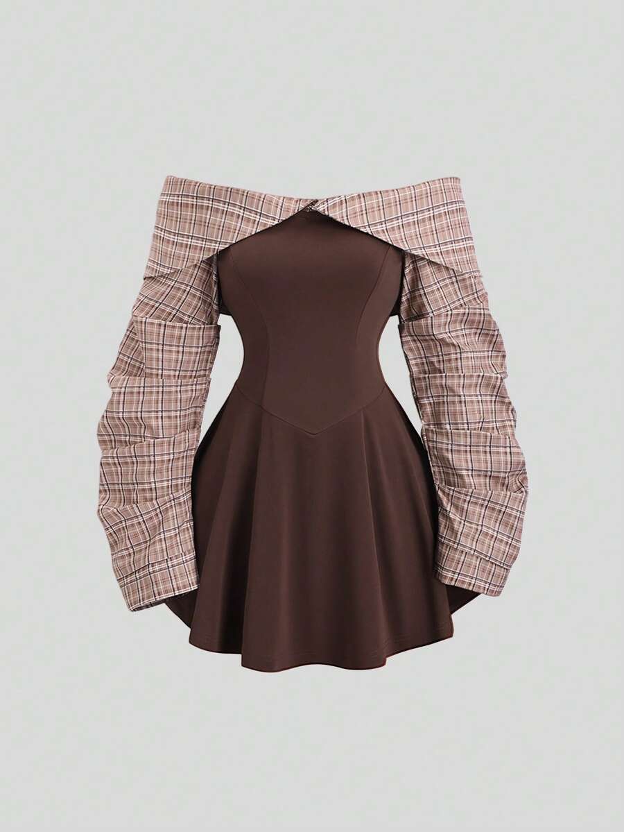 Sweetra Women's Autumn/Winter Collegiate Style Minimalist Sexy Off Shoulder High-End Contrast Color Design Waist-Cinching Short Mini Brown Dress