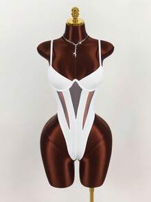 Y2K Amplova Women's Solid Color Minimalist Casual Bodysuit, Autumn/Winter Thanksgiving And New Year Party Dress - White - View 4