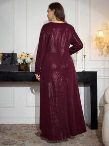 Modelyn 大码女式优雅亮片腰部收腰长款派对连衣裙，春秋季 - 酒紅色 - 查看 2