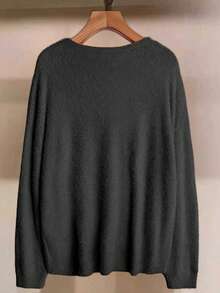 SHEIN LUNE Áo len dệt kim mềm mại cổ chữ V màu trơn cỡ lớn, mặc thường ngày, thu/đông - màu đen - Xem 2