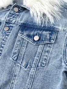 Teen Girls Casual Fashionable Versatile Blue Washed Denim 2-Piece Set, Detachable Furry Collar Design Simple Denim Top + Skinny Stretch Denim Pants, Essential Autumn/Winter Item For Stylish Girls