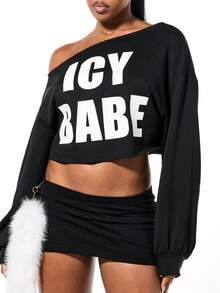 SUMWON WOMEN Sudadera corta con hombros descubiertos con estampado de "Icy Babe" - Suéter informal de manga larga para invierno - Negro - Ver 4