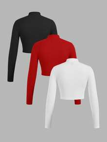 SHEIN EZwear 3pcs Women Zip-Up Ribbed Fabric Mock Neck Long Sleeve T-Shirt Set, Suitable For Spring & Autumn