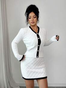 SHEIN Elenzya 2件套V领纽扣针织长袖上衣和裙子套装，秋冬 - 黑與白 - 查看 4