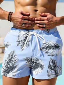 Zalmeno 男士夏季树叶印花抽绳腰沙滩短裤 - 淺藍色 - 查看 3