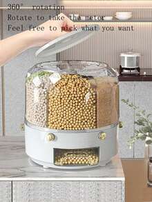 1pc 6-Compartment Rice Storage Container / Airtight Sealed Rotating Rice/Grain Bin For Home Use - Light Grey - View 3