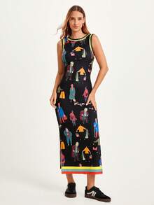 CAJUNI Đầm dệt kim in họa tiết dáng lửng cho nữ, đầm midi nữ, đầm dài mùa hè cho nữ, đầm dài đi biển cho nữ, đầm dài đến mắt cá chân, đầm dài cho nữ, đầm dài cho nữ, đầm không tay, đầm in họa tiết, đầm midi nữ - màu đen - Xem 1