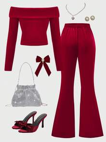 Women's Solid Color Off Shoulder Long Sleeve Fashionable Top And Flared Velvet Pants Set - Burgundy - View 2