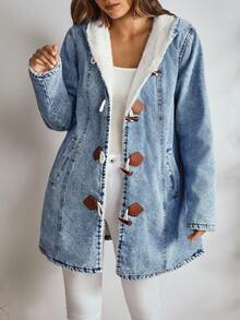 EMERY ROSE 女士秋冬长袖连帽牛仔外套，纽扣闭合，加厚牛仔面料，带保暖内衬 - 藍色 - 查看 1