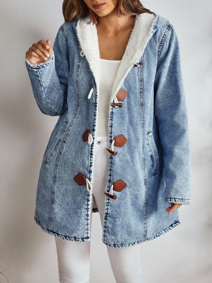 EMERY ROSE 女士秋冬长袖连帽牛仔外套，纽扣闭合，加厚牛仔面料，带保暖内衬 - 藍色 - 查看 1
