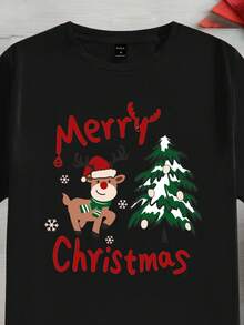 Manfinity Homme Kaos Kasual Pria Ukuran Besar Motif Rusa Natal, Hitam - Hitam - View 3