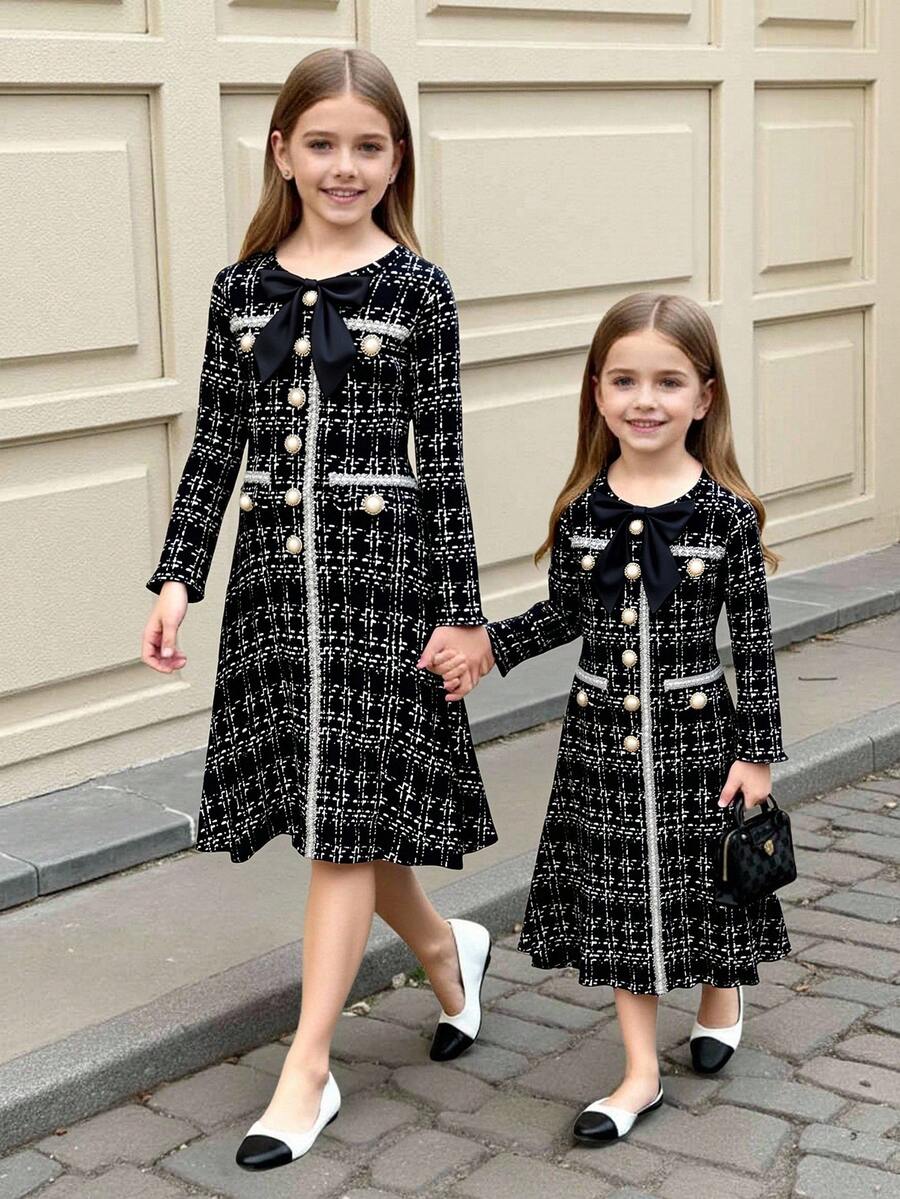 SHEIN Serisse Kids 年轻女孩优雅黑色粗花呢长袖中长连衣裙，适合派对、生日、圣诞节、活动、聚会、野餐、姐妹装