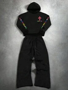 PAVTROS 2 件男士彩色十字架和纽约口号图案印花街头风连帽衫和运动裤套装，秋季服装 - 黑色 - 查看 3