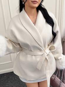 CovetEZ Plus Size Women's Autumn/Winter Shawl Neck Belted Fuzzy Cuff Overcoat - Beige - View 5