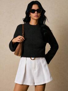 Poéselle 女士时尚浪漫复古优雅简约百搭针织套头毛衣，秋冬必备单品，女士毛衣套头衫，短款毛衣，黑色毛衣，秋季女装 - 黑色 - 查看 6