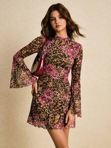 Poéselle 女式豹纹喇叭袖迷你连衣裙 - 粉色 - 查看 2