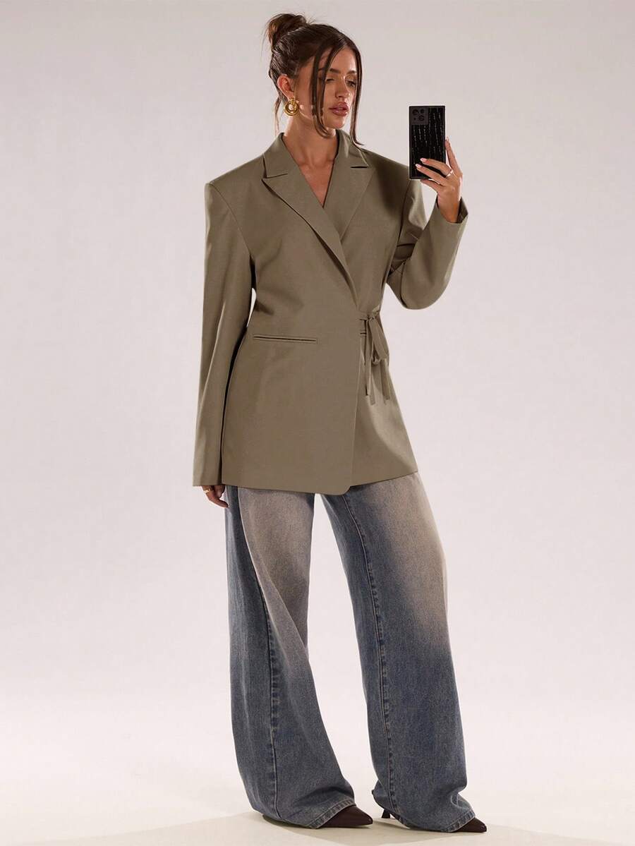 SHEIN BAE 女士时尚纯色翻领领带西装外套 - 咖啡棕 - 查看 1