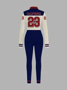 Slaydiva Casual Retro Style Sports Contrast Color 23 Vintage Letter Print Long Sleeve Zip-Up Jumpsuit, Suitable For Autumn/Winter - Multicolor - View 3