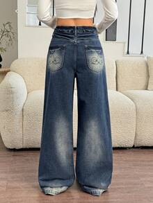 SHEIN EZwear Quần jeans ống đứng thêu họa tiết cổ điển lấy cảm hứng từ châu Á dành cho nữ - Rửa tối - Xem 5