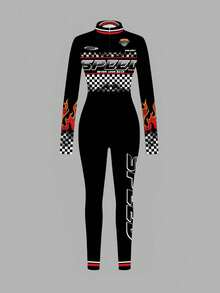 Slaydiva Casual Street Fashion Y2K Flame Checkerboard Letter Print Long Sleeve Front Zipper Jumpsuit, Comfortable For Autumn/Winter - Multicolor - View 3