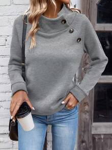 SHEIN LUNE Áo nỉ tay raglan cổ cao đơn giản, màu trơn, dễ mặc, đi làm hàng ngày dành cho nữ, mùa thu/đông - Xám - Xem 4